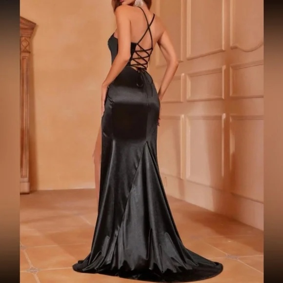 Luxe Black Satin Corset Lace up Ruched Formal Party Wedding Dress - Picture 12 of 15